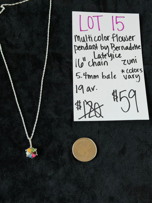 LOT 15 5/31 Multi Color Flower Pendant by Bernadette Lateyice, Zuni 5.4mm bale (Colors vary) on 16” Chain