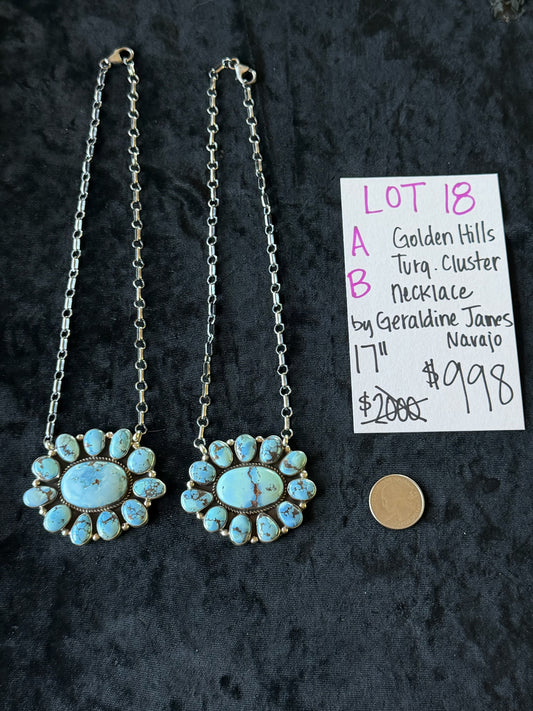 LOT 18 A 5/31 Golden Hills Turquoise Cluster Necklace by Geraldine James, Navajo 17”