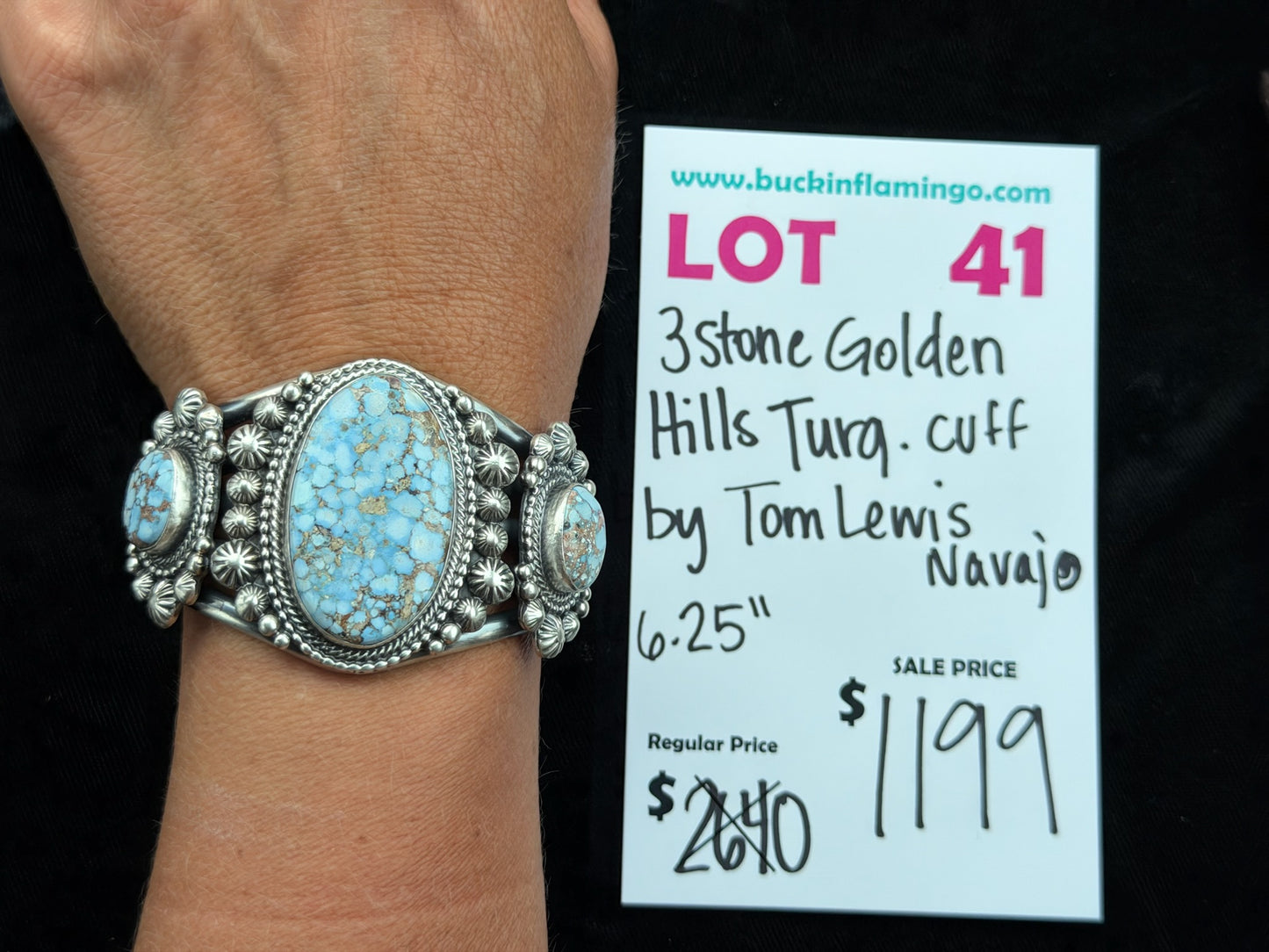 LOT 41 5/31 3 Stone Golden Hills Turquoise Cuff by Tom Lewis, Navajo 6.25”