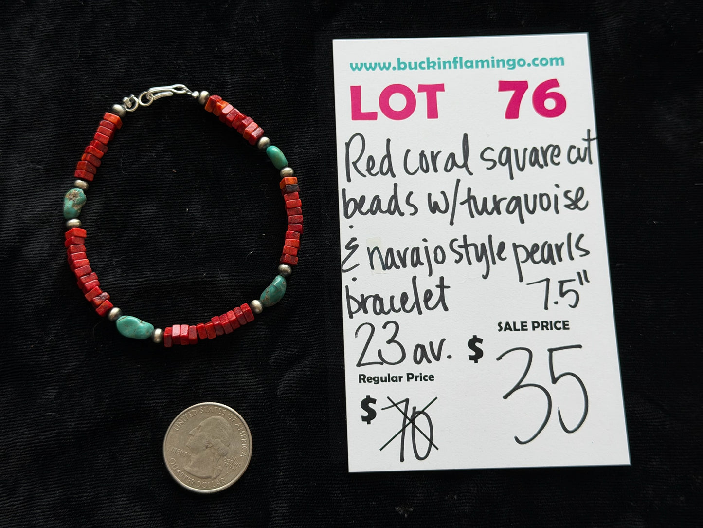 LOT 76 5/31 Red Coral Square Cut Beads w/ Turquoise & Navajo Style Pearls Bracelet 7.5”