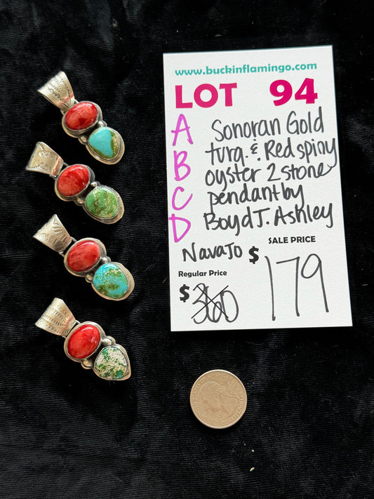 LOT 94 D 5/31 Sonoran Gold Turquoise & Red Spiny Oyster 2 Stone Pendant by Boyd J. Ashley, Navajo