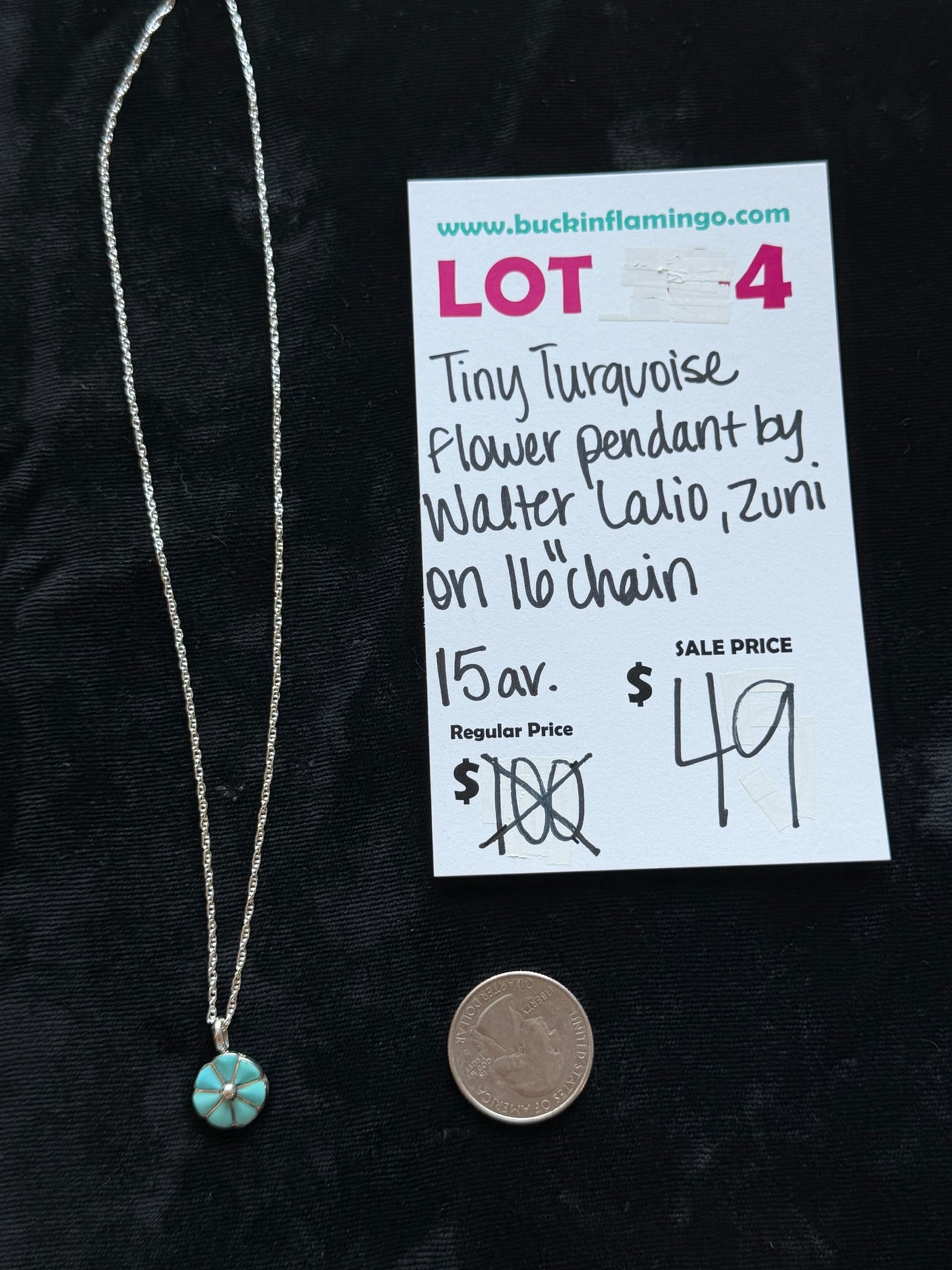LOT 4 6/7 TIny Turquoise Flower Pendant by Walter Lalio, Zuni on 16” Chain