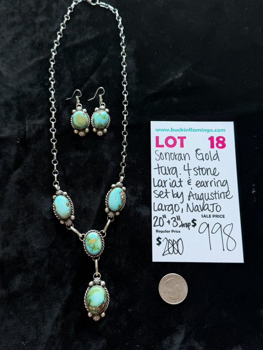 LOT 18 6/7 Sonoran Gold Turquoise 4 Stone Lariat 20”+3” Drop & Earring Set by Augustine Largo, Navajo