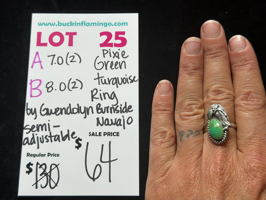 LOT 25 A 6/7 7.0 (Semi-Adjustable) Green Pixie Turquoise Ring by Gwendolyn Burnside, Navajo