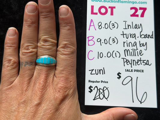 LOT 27 C 6/7 10.0 Inlay Turquoise Band Ring by Millie Peynetsa, Zuni