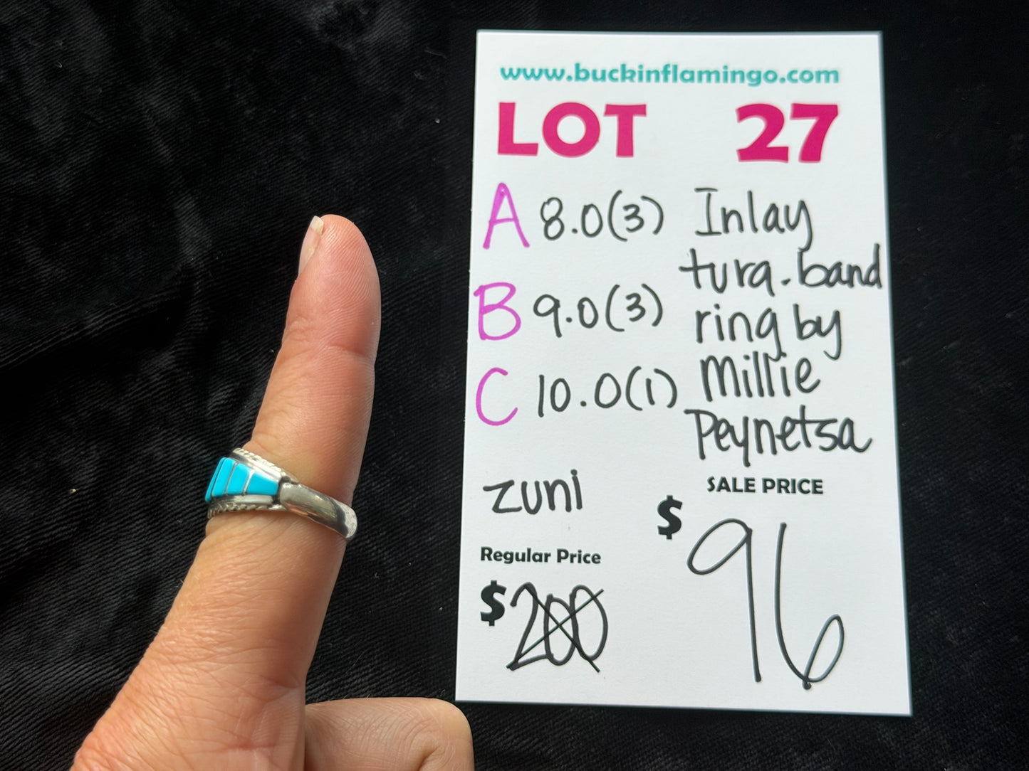 LOT 27 B 6/7 9.0 Inlay Turquoise Band Ring by Millie Peynetsa, Zuni