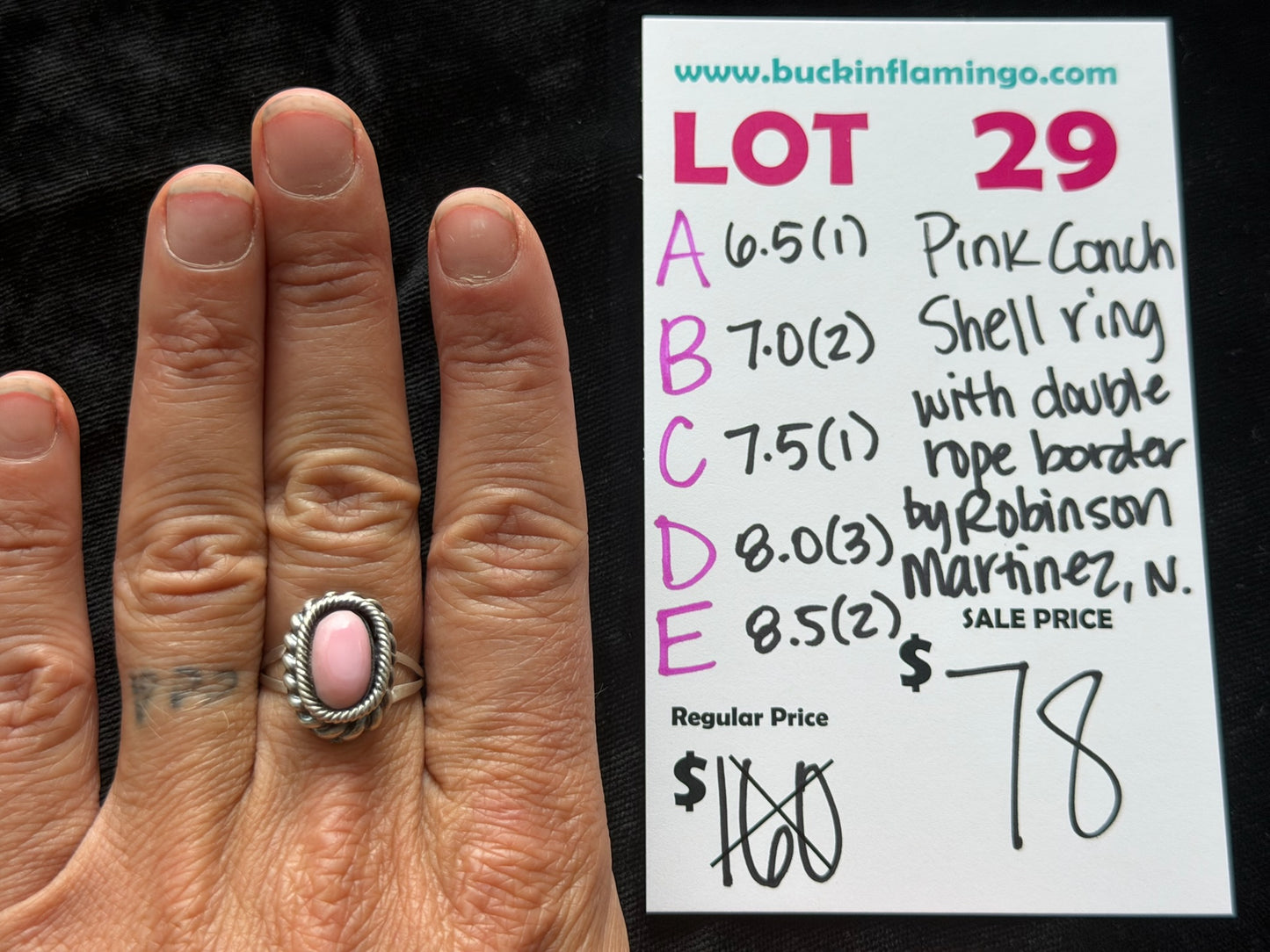 LOT 29 D 6/7 8.0 Pink Conch Shell Ring with Double Rope Border by Robinson Martinez, Navajo