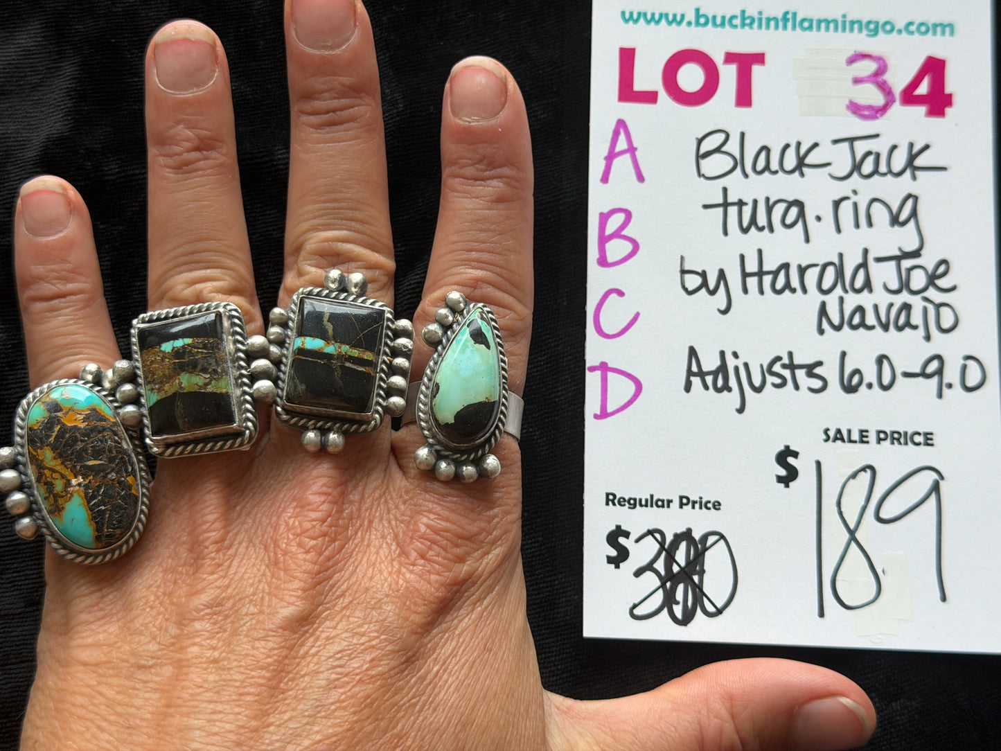 LOT 34 B 6/7 BlackJack Turquoise Adjustable 6.0-9.0 Ring by Harold Joe, Navajo