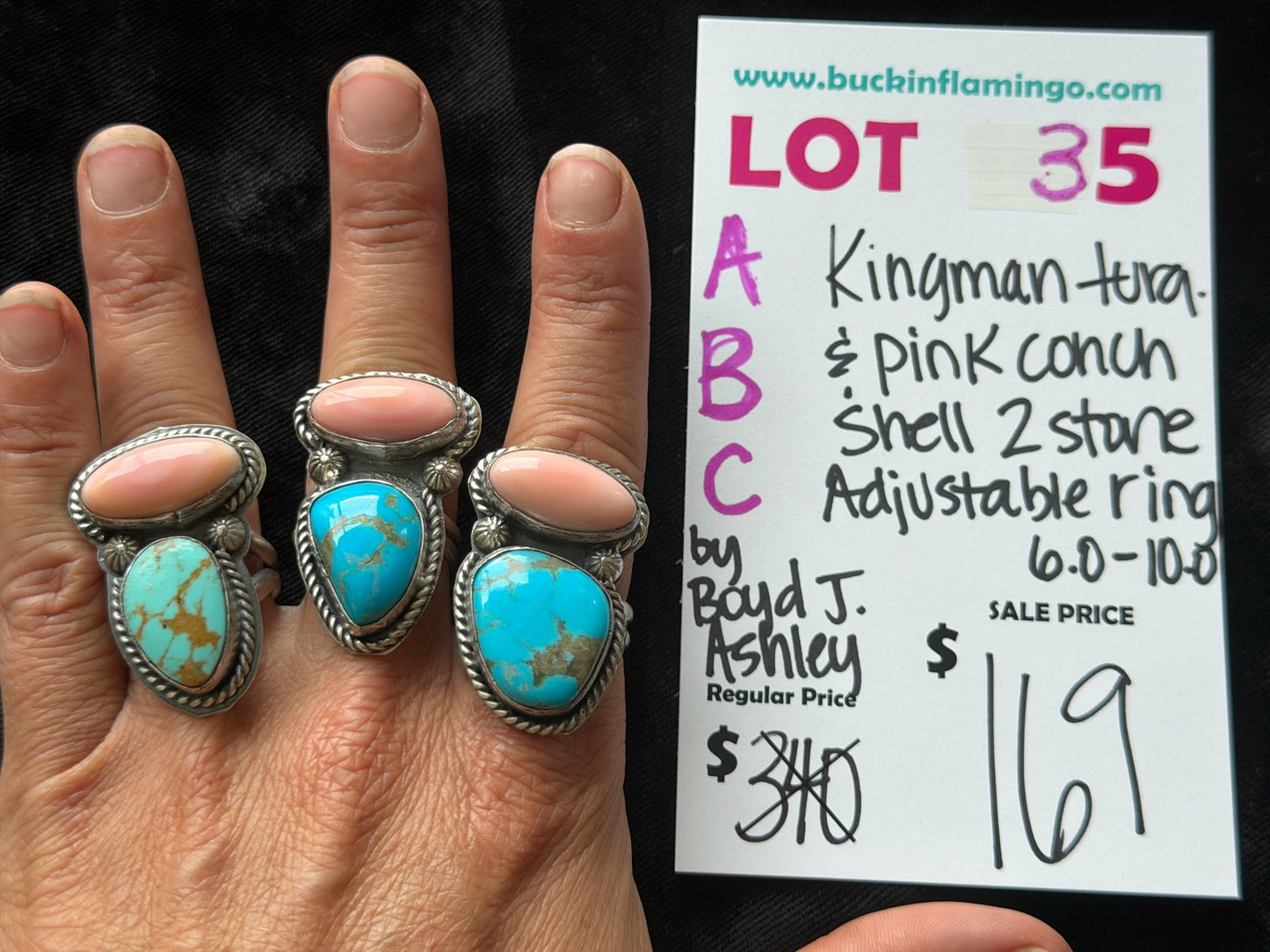 LOT 35 B 6/7 Kingman Turquoise & Pink Conch Shell 2 Stone Adjustable Ring 6.0-10.0 by Boyd J. Ashley, Navajo