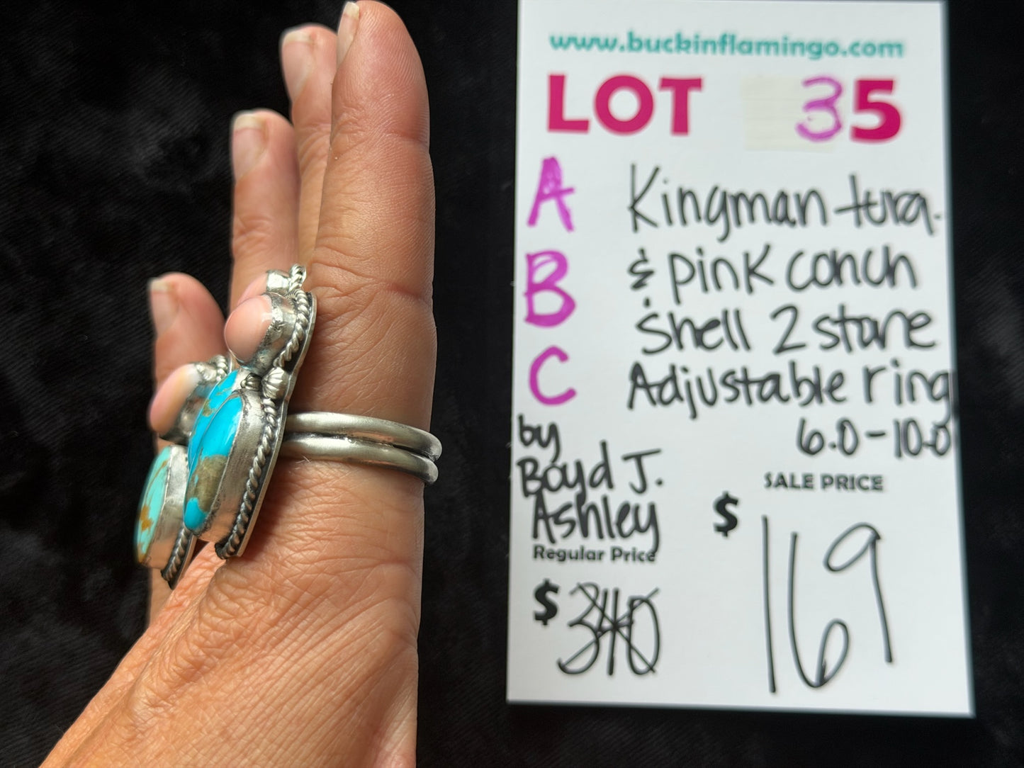 LOT 35 B 6/7 Kingman Turquoise & Pink Conch Shell 2 Stone Adjustable Ring 6.0-10.0 by Boyd J. Ashley, Navajo