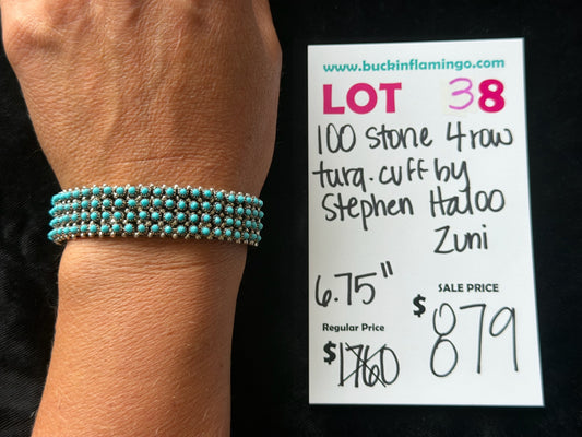 LOT 38 6/7 100 Stone 4 Row Turquoise Cuff by Stephen Haloo, Zuni 6.75”