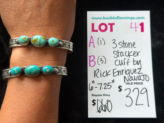 LOT 41 B 6/7 3 Stone Stacker Cuff by Rick Enriquez, Navajo 6”-7.25”