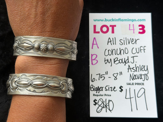 LOT 43 A 6/7 All Silver Concho Cuff by Boyd J. Ashley, Navajo 6.75”-8”