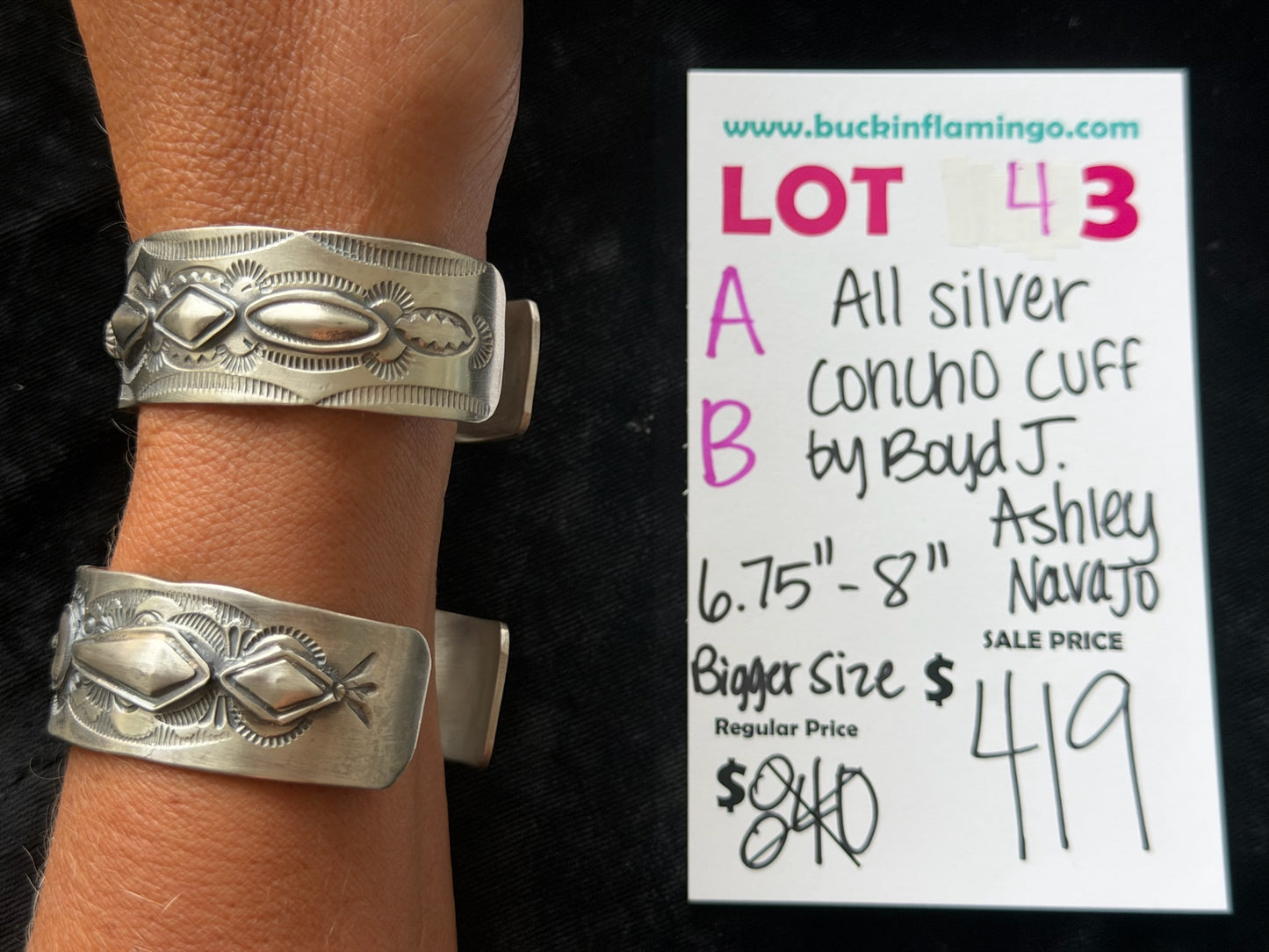 LOT 43 A 6/7 All Silver Concho Cuff by Boyd J. Ashley, Navajo 6.75”-8”