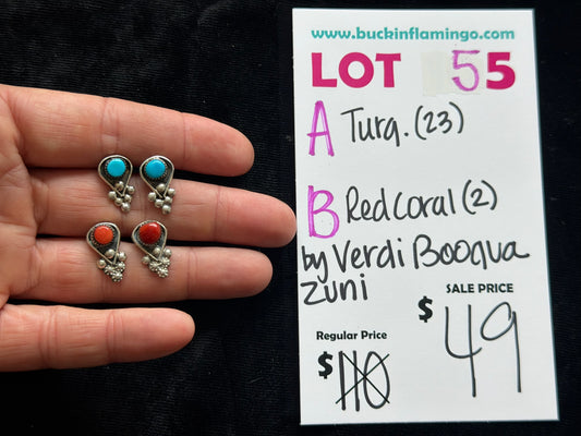LOT 55 B 6/7 Red Coral Earrings by Verdi Booqua, Zuni