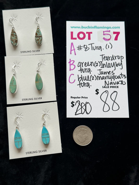 LOT 57 B 6/7 Green Turquoise Teardrop Earrings by James Manygoats, Navajo
