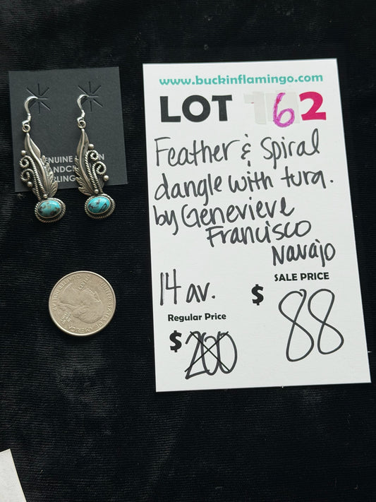 LOT 62 6/7 Feather & Spiral Dangle with Turquoise by Genevieve Francisco, Navajo