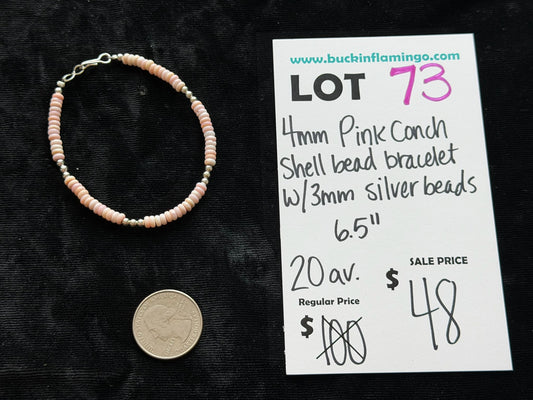 LOT 73 6/7 4mm Pink Conch Shell Bead Bracelet w/ 3mm Silver Beads 6.5”