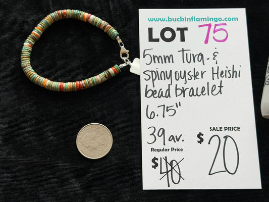 LOT 75 6/7 5mm Turquoise & Spiny Oyster Heishi Bead Bracelet 6.75”
