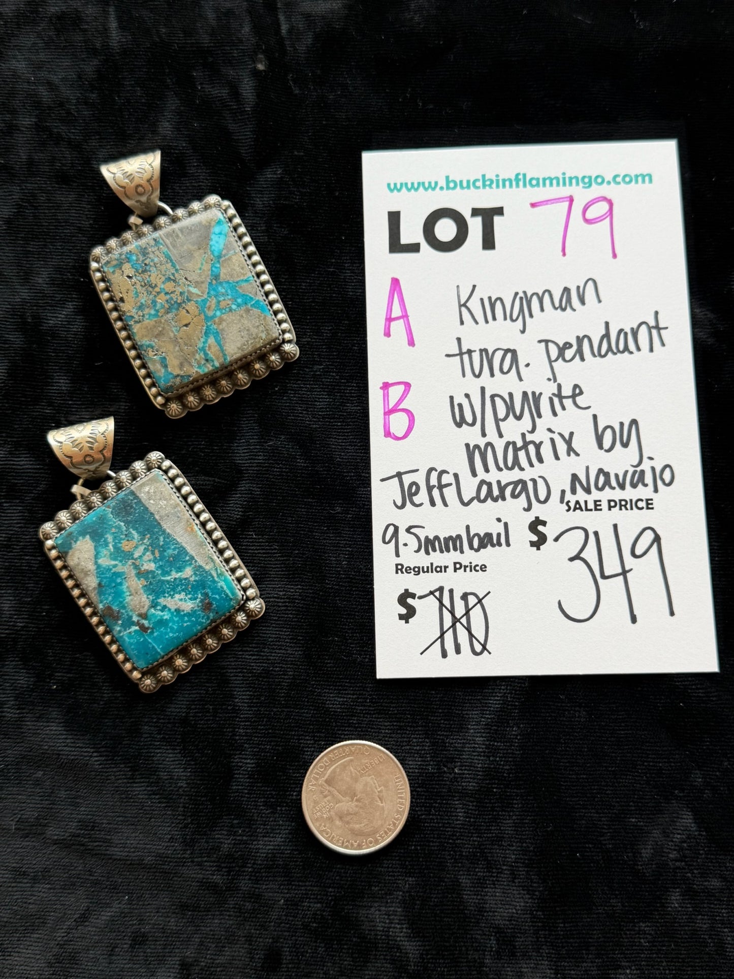 LOT 79 A 6/7 Kingman Turquoise Pendant with Pyrite Matrix by Jeff Largo, Navajo 9.5MM Bail