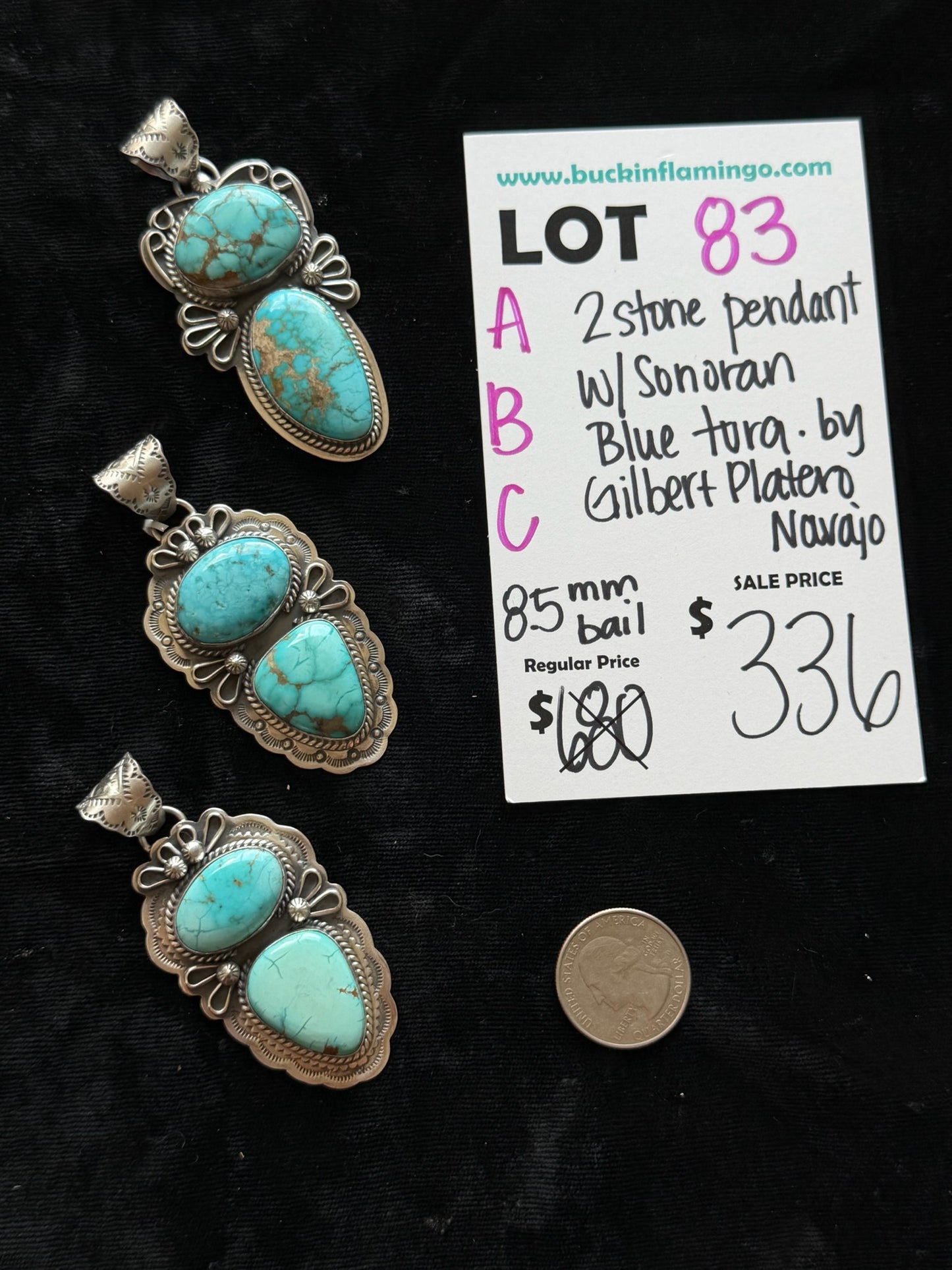 LOT 83 B 6/7 2 Stone Pendant with Sonoran Blue Turquoise by Gilbert Platero, Navajo 8.5MM Bail