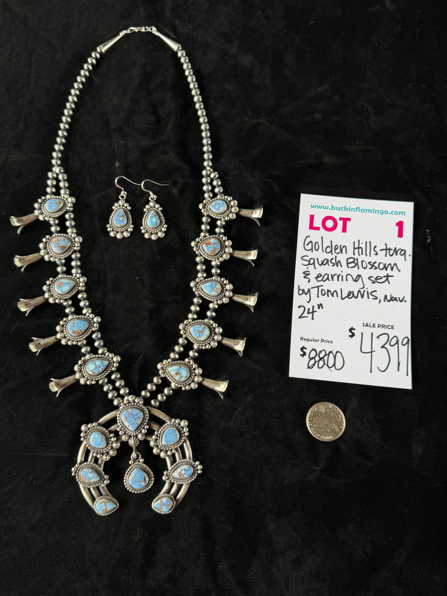 LOT 1 6/14 Golden Hills Turquoise Squash Blossom & Earring Set by Tom Lewis, Navajo 24”