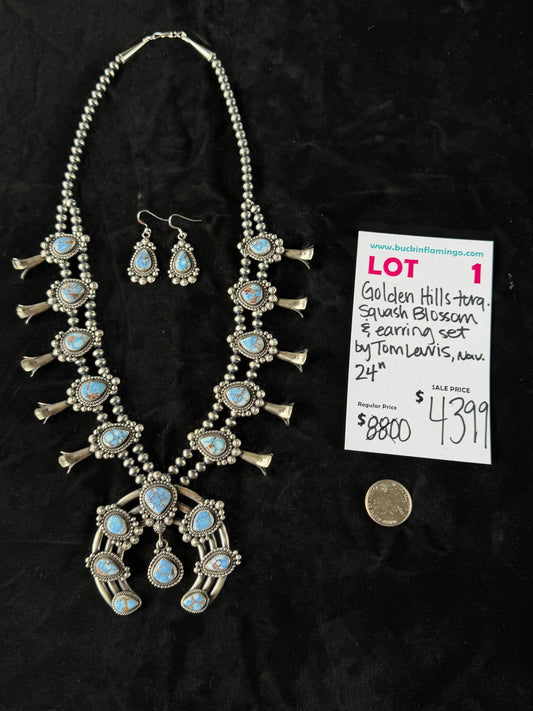 LOT 1 6/14 Golden Hills Turquoise Squash Blossom & Earring Set by Tom Lewis, Navajo 24”