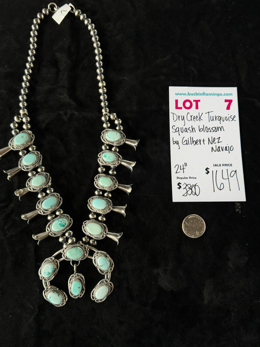 LOT 7 6/14 Dry Creek Turquoise 24” Squash Blossom by Gilbert Nez, Navajo