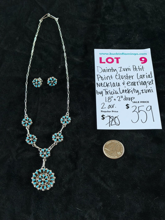 LOT 9 6/14 Dainty Zuni Petit Point Cluster Lariat Necklace 18” + 2” Drop & Earring Set by Tricia Leekity, Zuni