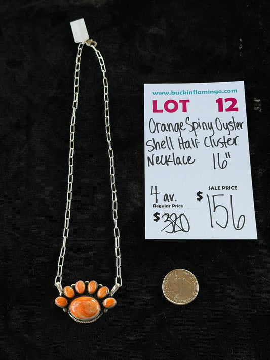 LOT 12 6/14 Orange Spiny Oyster Shell Half Cluster Necklace 16”