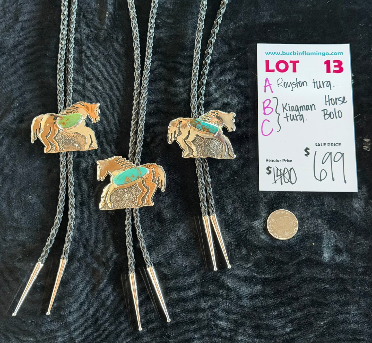 LOT 13 B 6/14 Kingman Turquoise Horse Bolo by Marie Jackson, Navajo