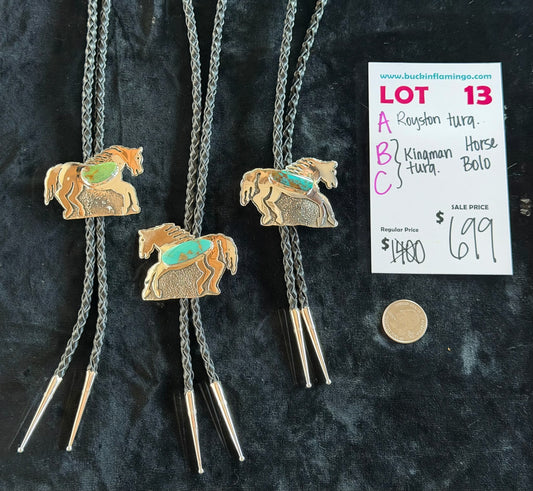 LOT 13 C 6/14 Kingman Turquoise Horse Bolo by Marie Jackson, Navajo