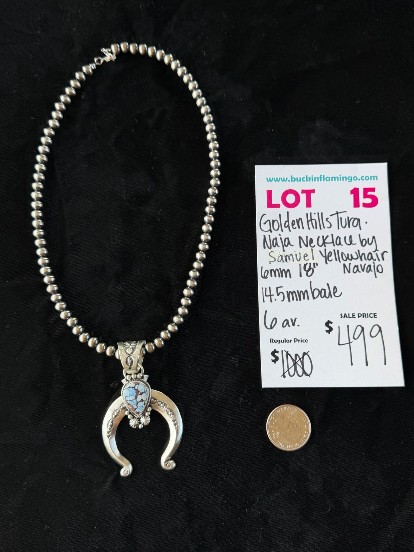 LOT 15 6/14 Golden Hills Turquoise Naja Necklace by Samuel Yellowhair, Navajo 6mm 18” 14.5 mm Bale