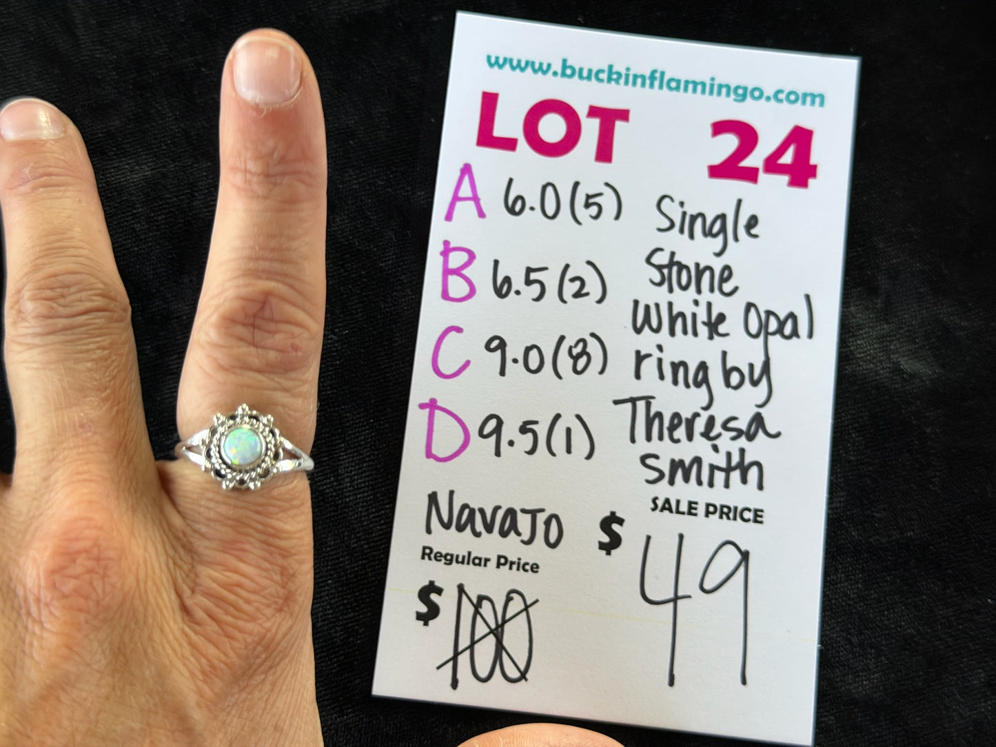 LOT 24 C 6/14 9.0 Single Stone White Opal Ring by Theresa Smith, Navajo