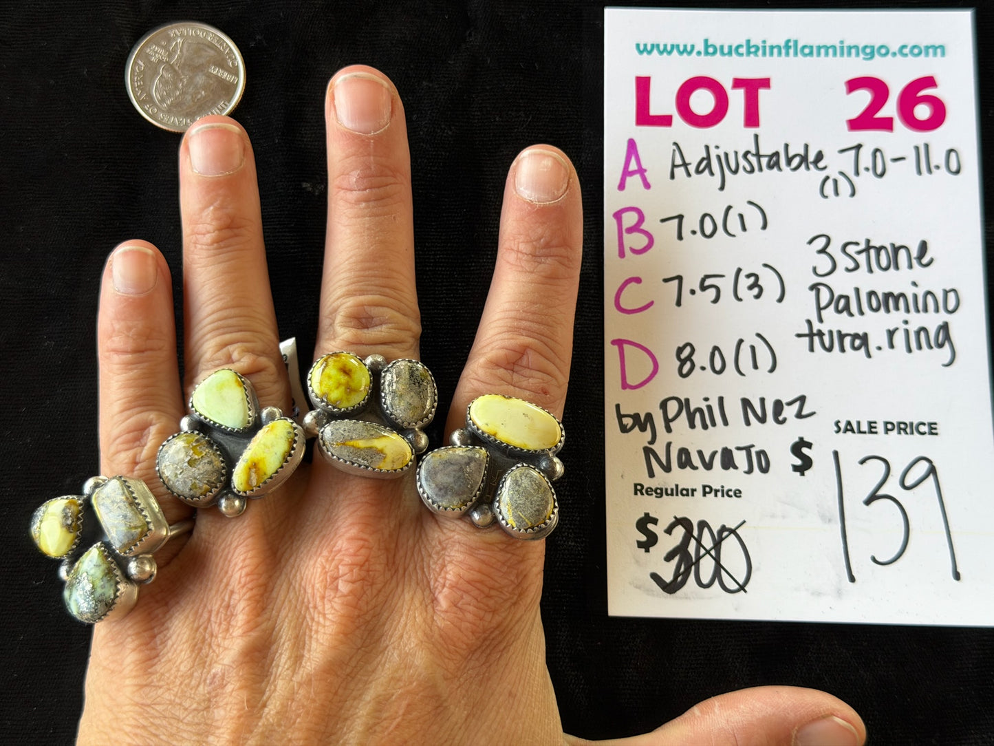 LOT 26 C 6/14 7.5 3 Stone Palomino Turquoise Ring by Phil Nez, Navajo