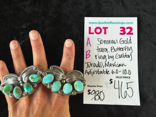 LOT 32 B 6/14 Sonoran Gold Turquoise Butterfly Ring Adjustable 6.0-11.0 by Gabby Jurado, Mexican