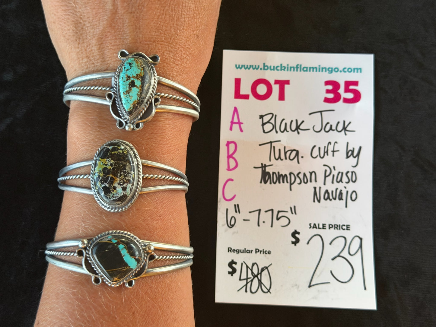 LOT 35 A 6/14 BlackJack Turquoise Cuff by Thompson Piaso, Navajo 6”-7.75”