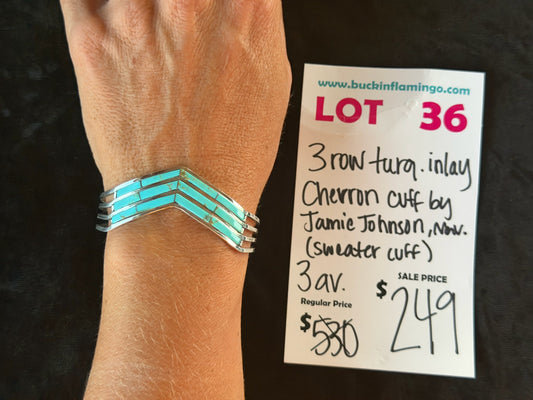 LOT 36 6/14 3 Row Turquoise Inlay Chevron Cuff by Jamie Johnson, Navajo (Sweater Cuff)