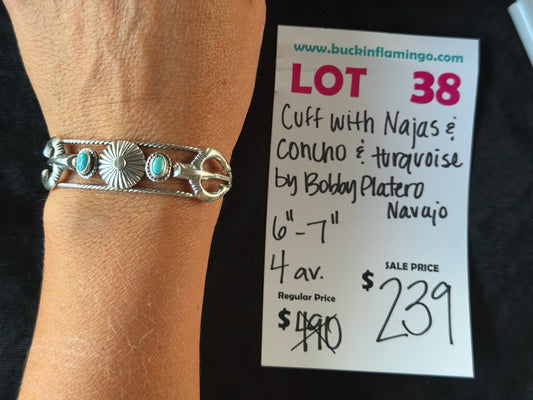 LOT 38 6/14 Cuff with Naja & Concho & Trquoise by Bobby Platero, Navajo 6”-7”