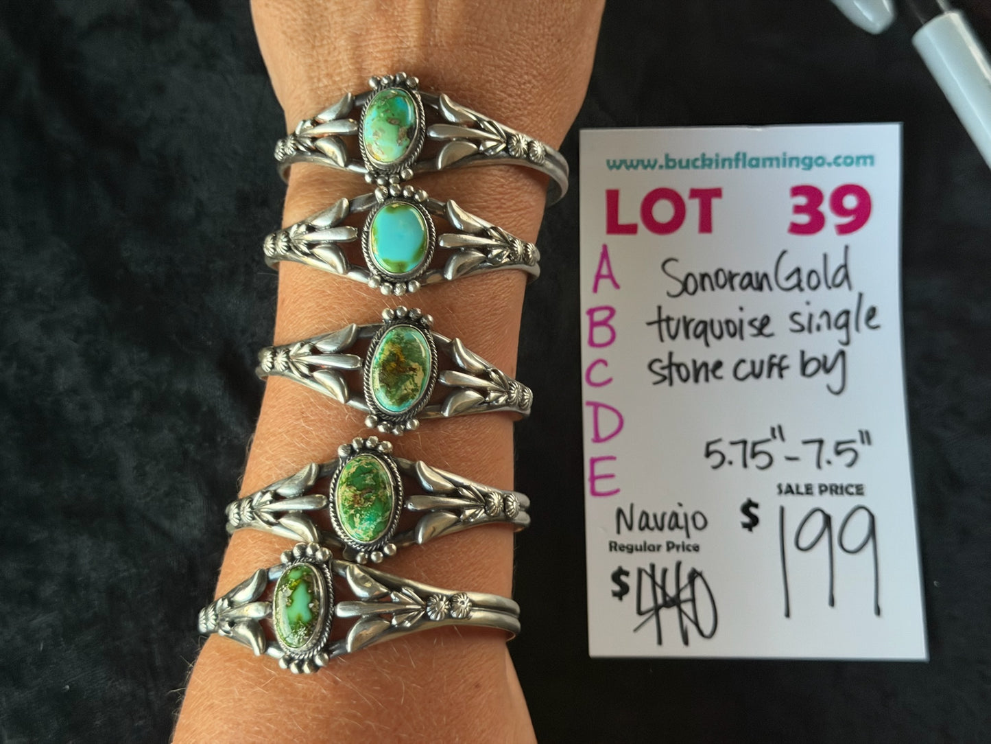 LOT 39 A 6/14 Sonoran Gold Turquoise Single Stone Cuff 5.75”-7.5”