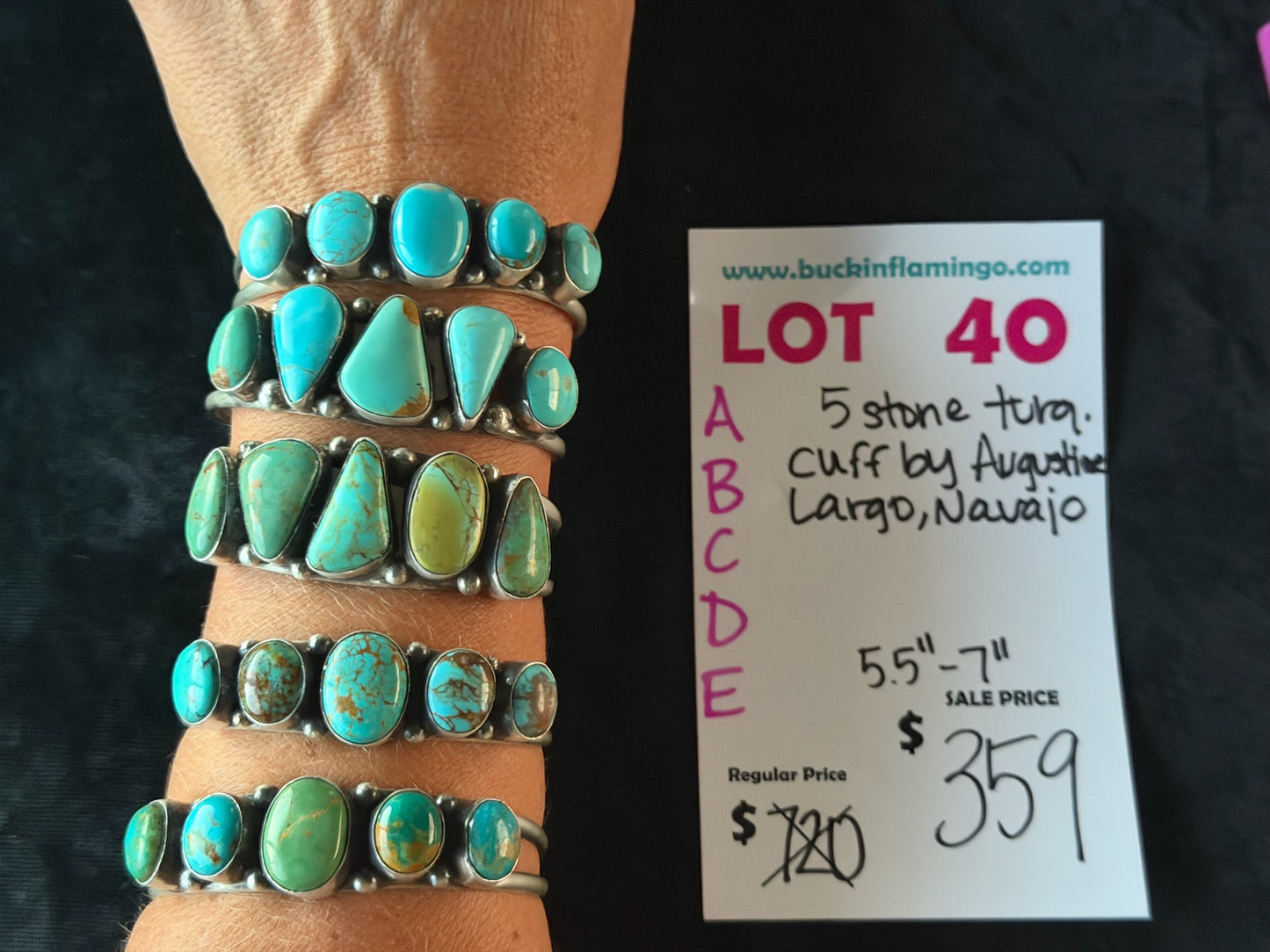 LOT 40 E 6/14 5 Stone Turquoise Cuff by Augustine Largo, Navajo 5.5”-7”