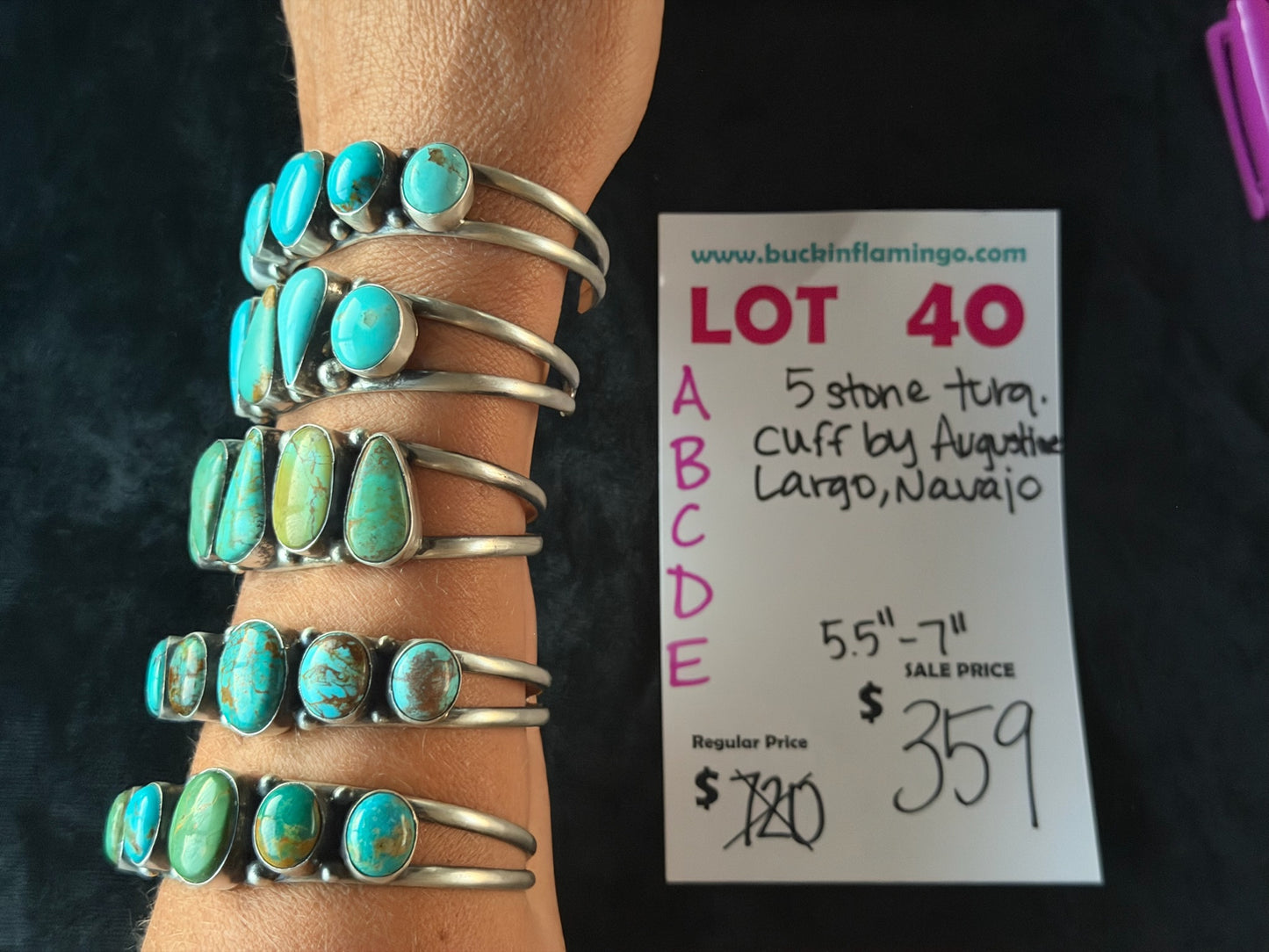 LOT 40 E 6/14 5 Stone Turquoise Cuff by Augustine Largo, Navajo 5.5”-7”