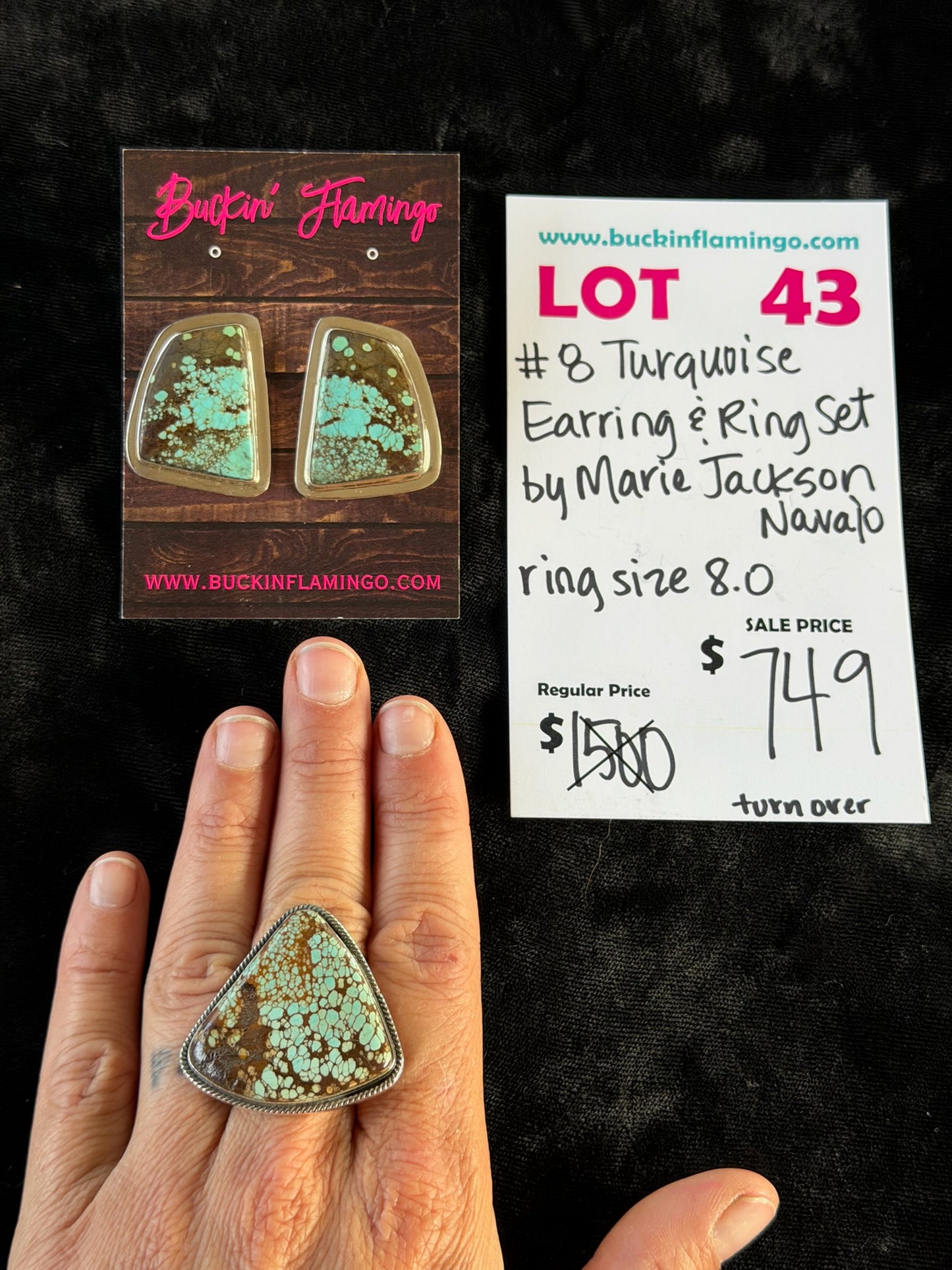 LOT 43 6/14 #8 Turquoie Earring & Ring Set by Marie Jackson, Navajo Ring Size 8.0