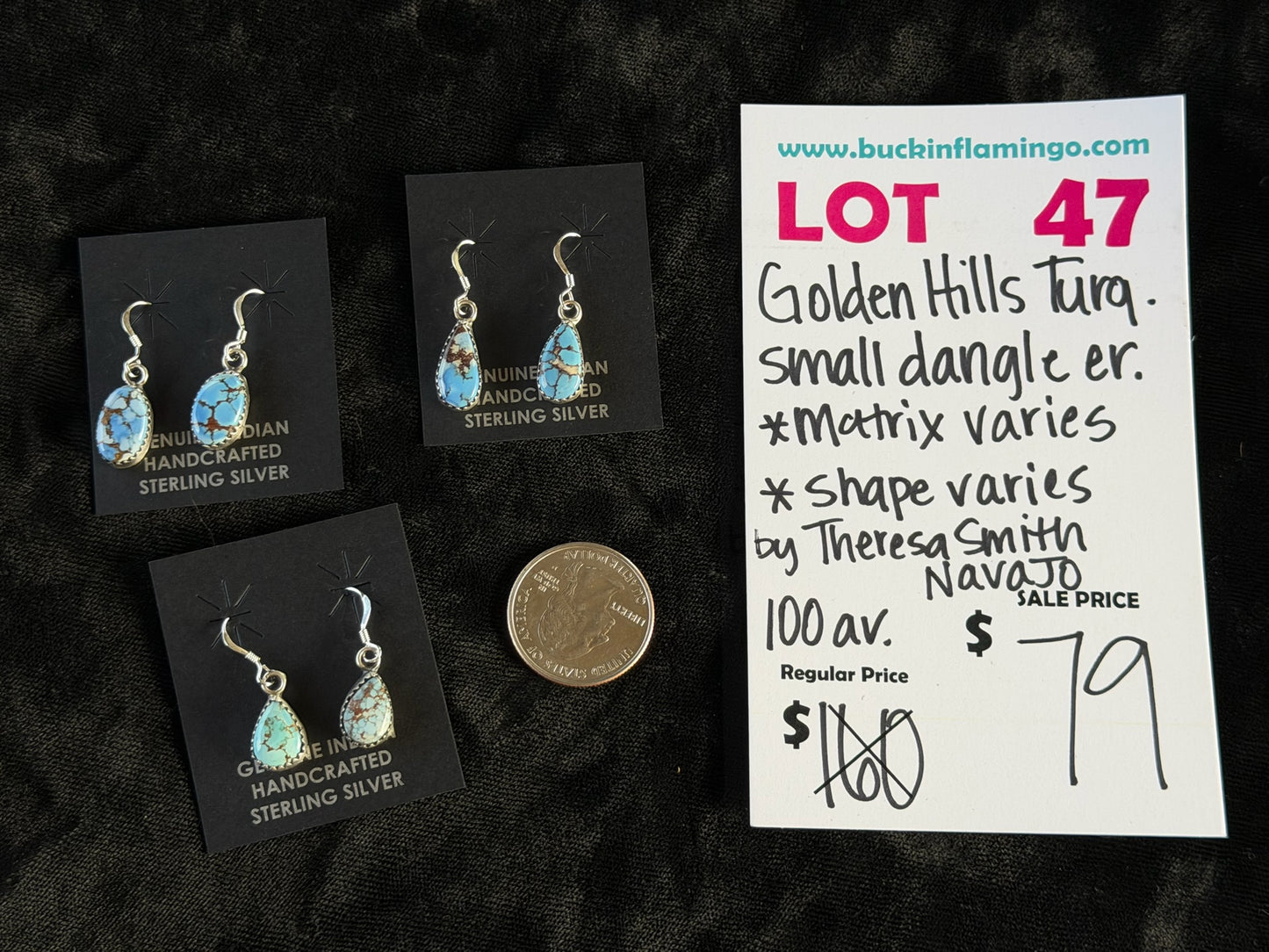 LOT 47 6/14 Golden Hills Turquoise Small Dangle Earring by Theresa Smith, Navajo