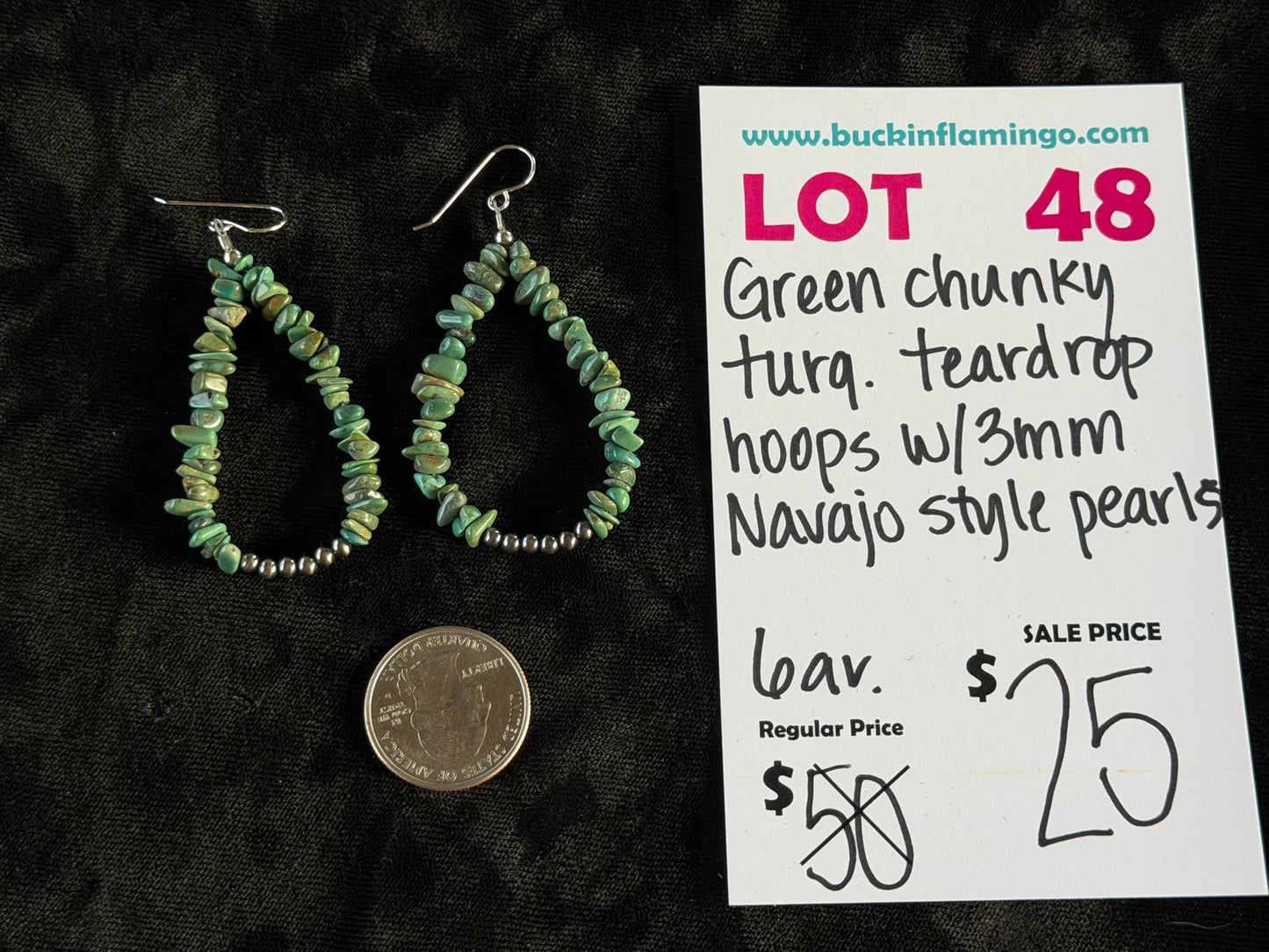 LOT 48 6/14 Green Chunky Turquoise Hoops w/ 3mm Navajo Style Pearls