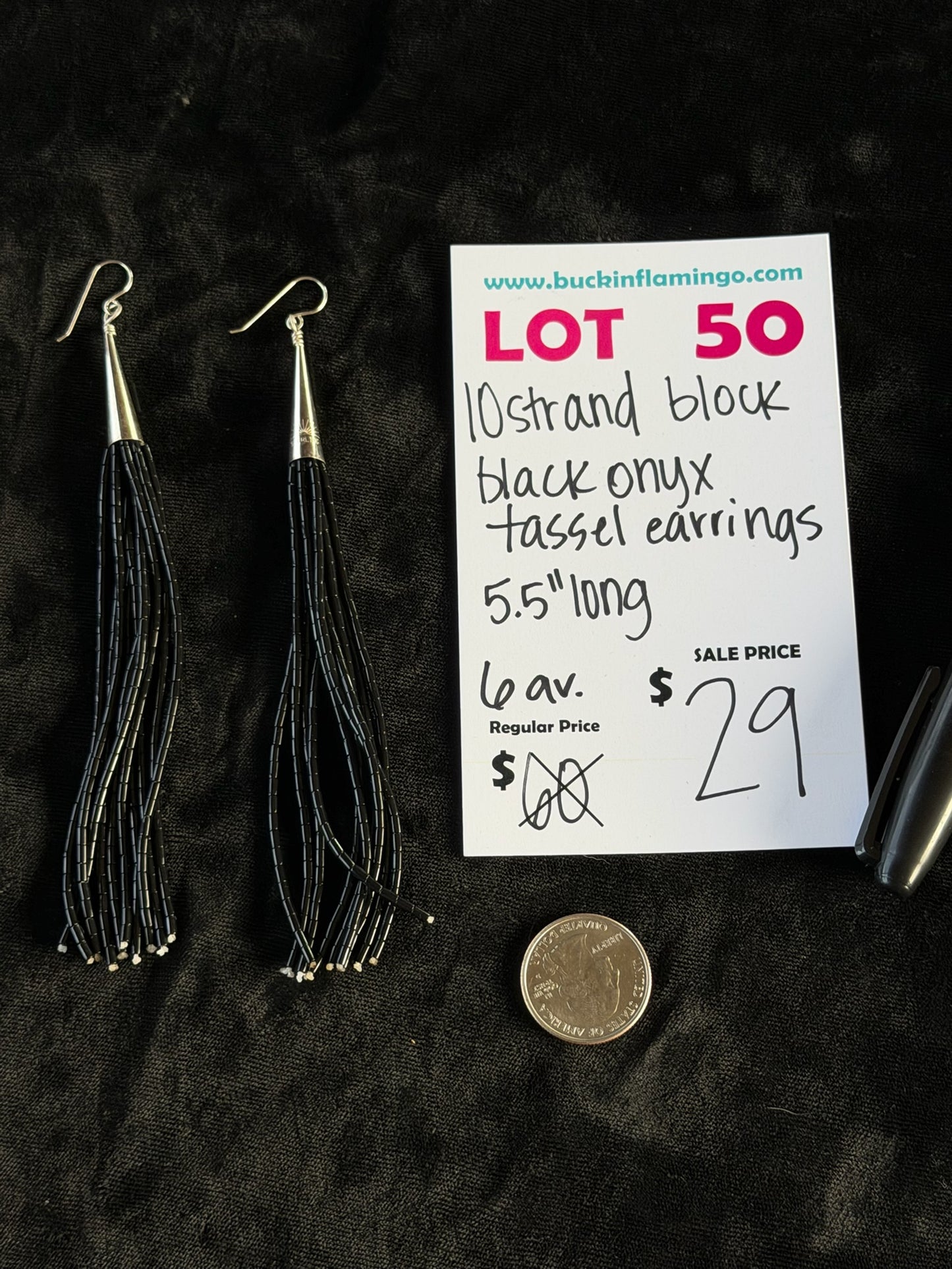 LOT 50 6/14 10 Strand Block Black Onyx Tassel Earrings 5.5” Long