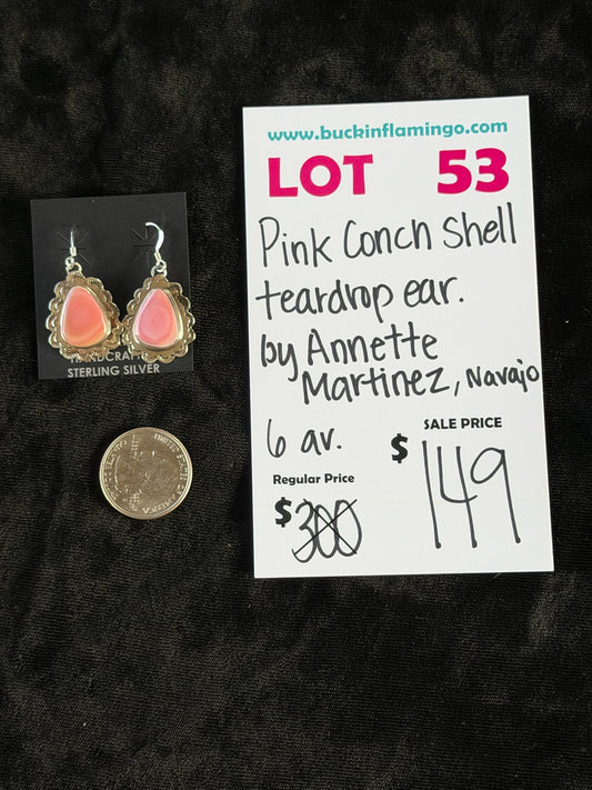 LOT 53 6/14 Pink Conch Shell Teardrop Earring by Annette Martinez, Navajo