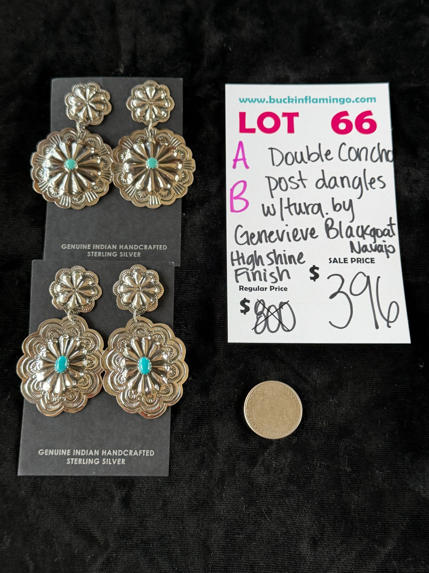LOT 66 A 6/14 Double Concho Post Dangles with Turquoise by Genevieve Blackgoat, Navajo