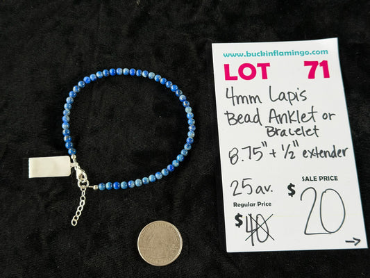 LOT 71 6/14 4mm Lapis Bead Anklet or Bracelet 8.75” +1/2” Extender