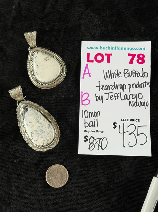 LOT 78 B 6/14 White Buffalo Teardrop Pendant by Jeff Largo, Navajo 10mm Bail